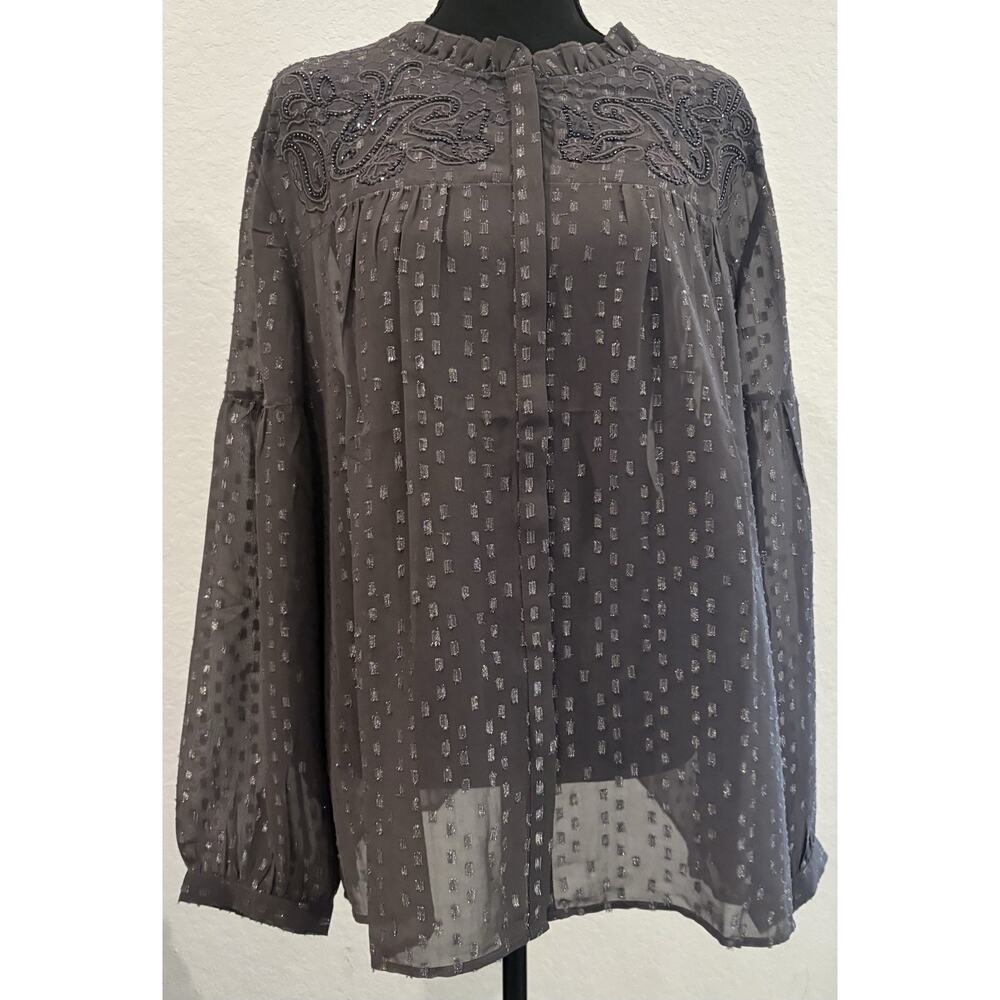 Chico's Embroidered Long Sleeve Metallic Gray Blouse Ruffled Collar Sz 4/XXL NWT